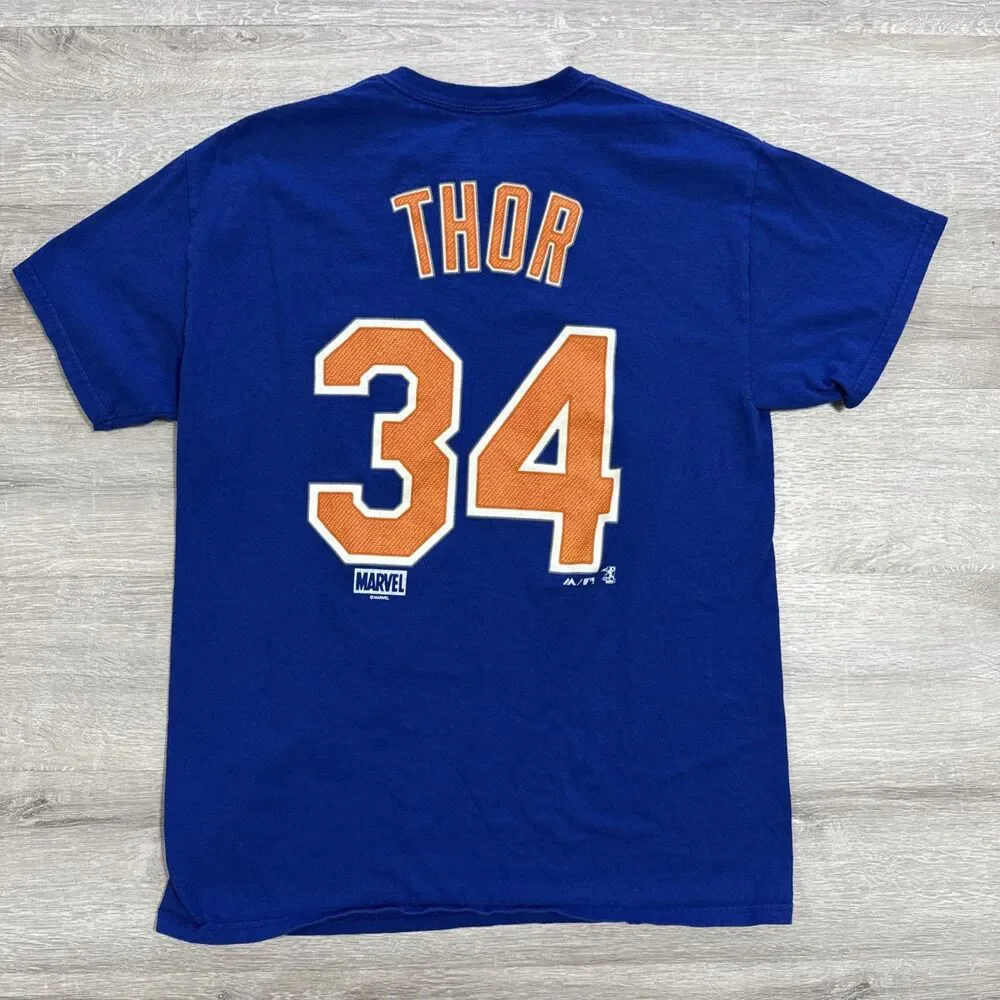 Noah Syndergaard Shirt New York Mets Majestic Men’s Blue Medium Thor Marvel